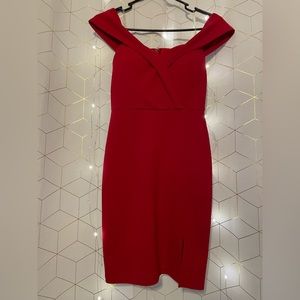 Formal dress, lovely shade of red with cute off the shoulder sleeves